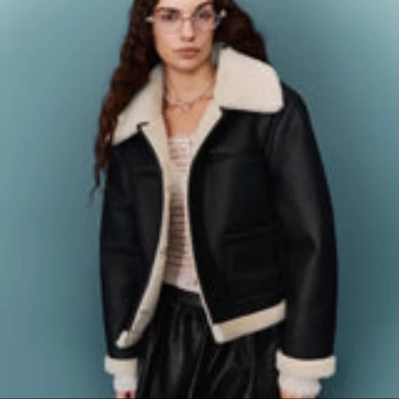 Urban Revivo Black and Cream Faux Fur Leather Shearling Jacket - Picture 5 of 5